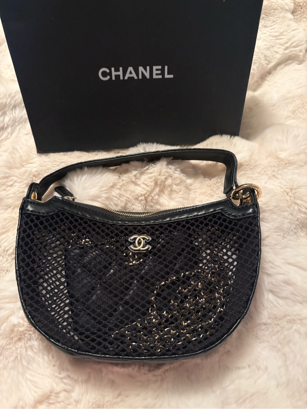 GIFT WITH PURCHASE Black Mesh CC Logo Shoulder Hobo with Gold Chain Detail
